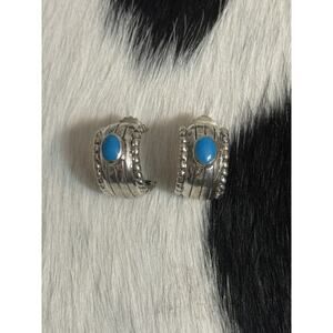 Southwest Sterling Silver Blue Turquoise Half Hoop Wide Post Earrings